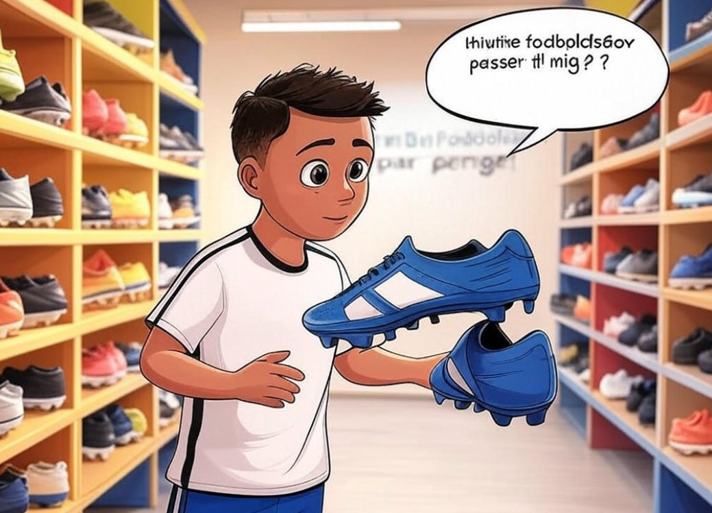 Football player choosing billige fodboldstøvler in a store, find affordable and quality boots at danmarkfodboldb.com.