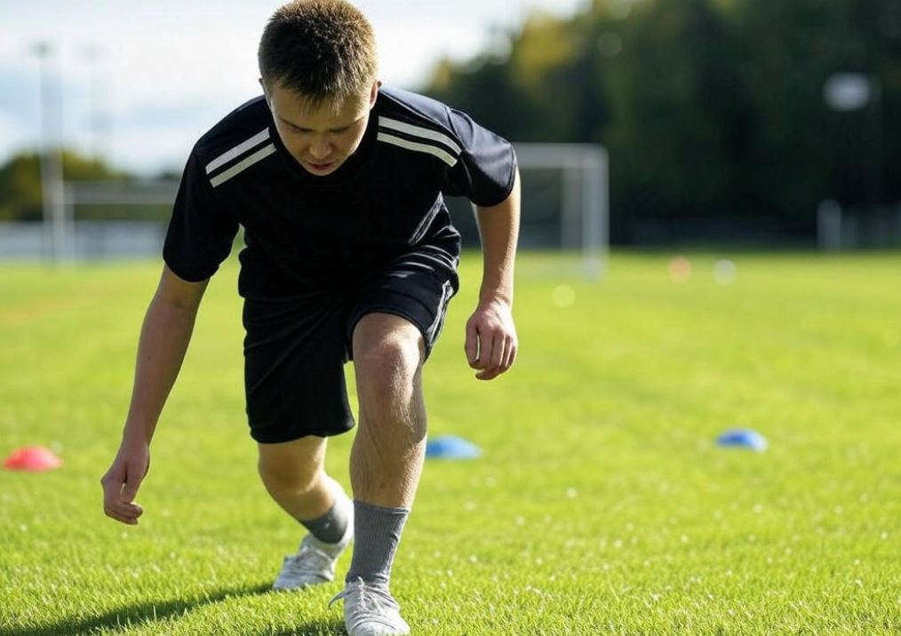 Young football player training in billige fodboldstøvler on a grassy field, affordable and practical for daily use, shop at danmarkfodboldb.com.